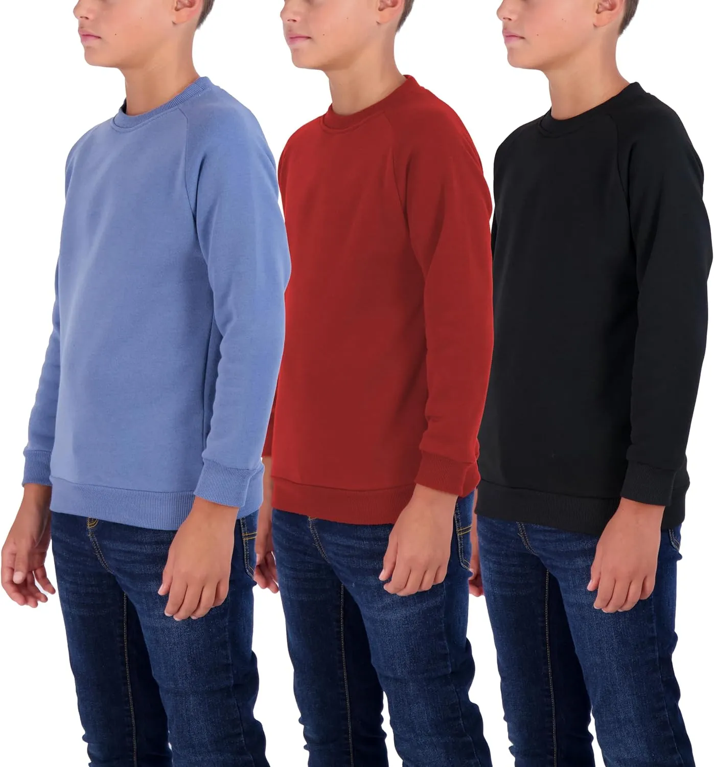 Real Essentials 3 Pack Boys' Fleece Crew Neck Long Sleeve Sweatshirt - Soft Pullover Sweaters for Youth Kids Boys & Girls