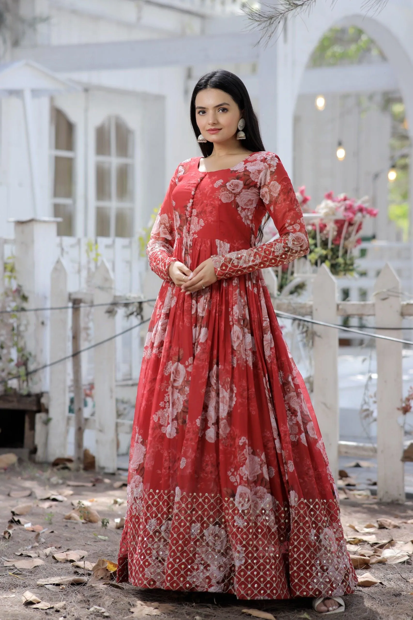 Red Floral Fantasy Georgette Designer Gown