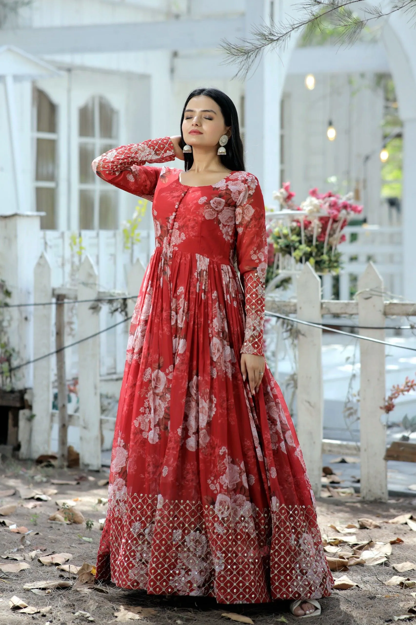 Red Floral Fantasy Georgette Designer Gown
