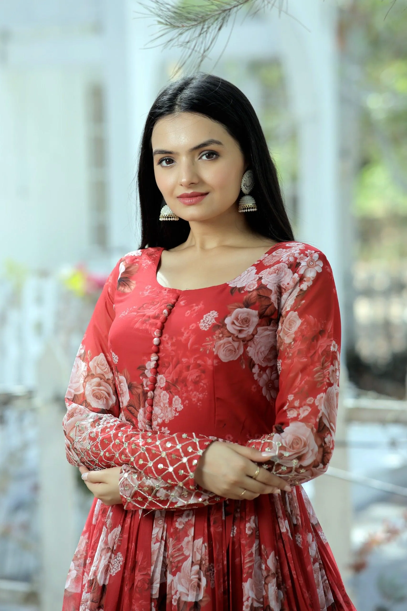 Red Floral Fantasy Georgette Designer Gown
