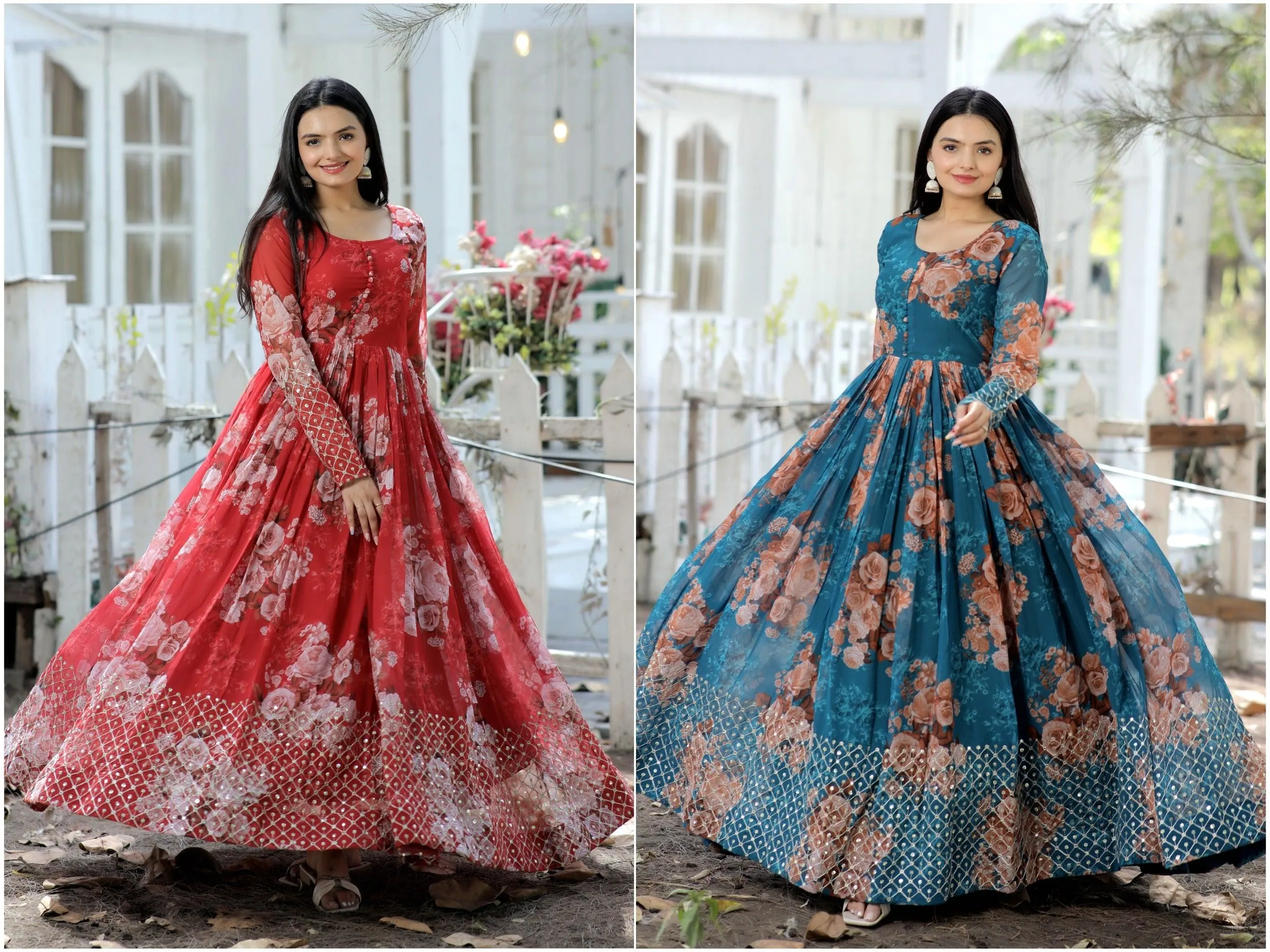 Red Floral Fantasy Georgette Designer Gown