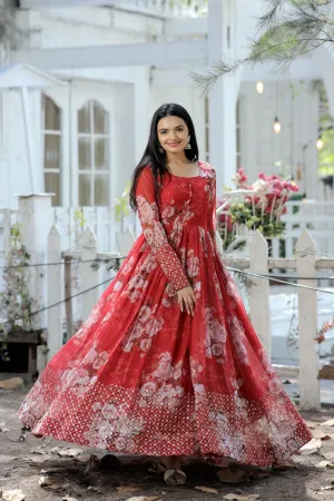 Red Floral Fantasy Georgette Designer Gown