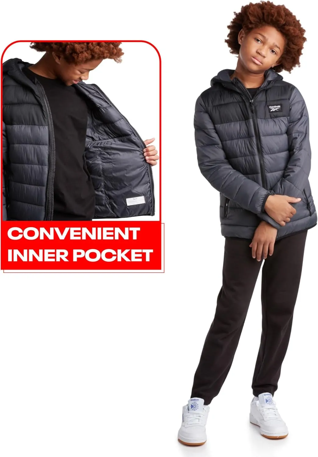 Reebok Boys Jacket  Water Resistant Midweight Quilted Puffer Coat  Insulated Outerwear Down Coat for Boys (4-20)