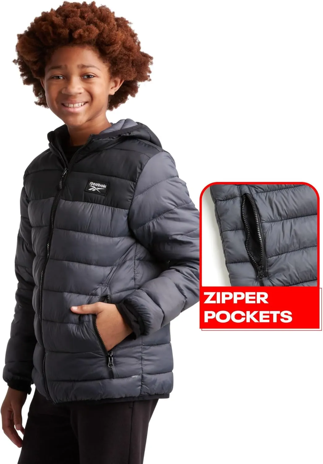 Reebok Boys Jacket  Water Resistant Midweight Quilted Puffer Coat  Insulated Outerwear Down Coat for Boys (4-20)