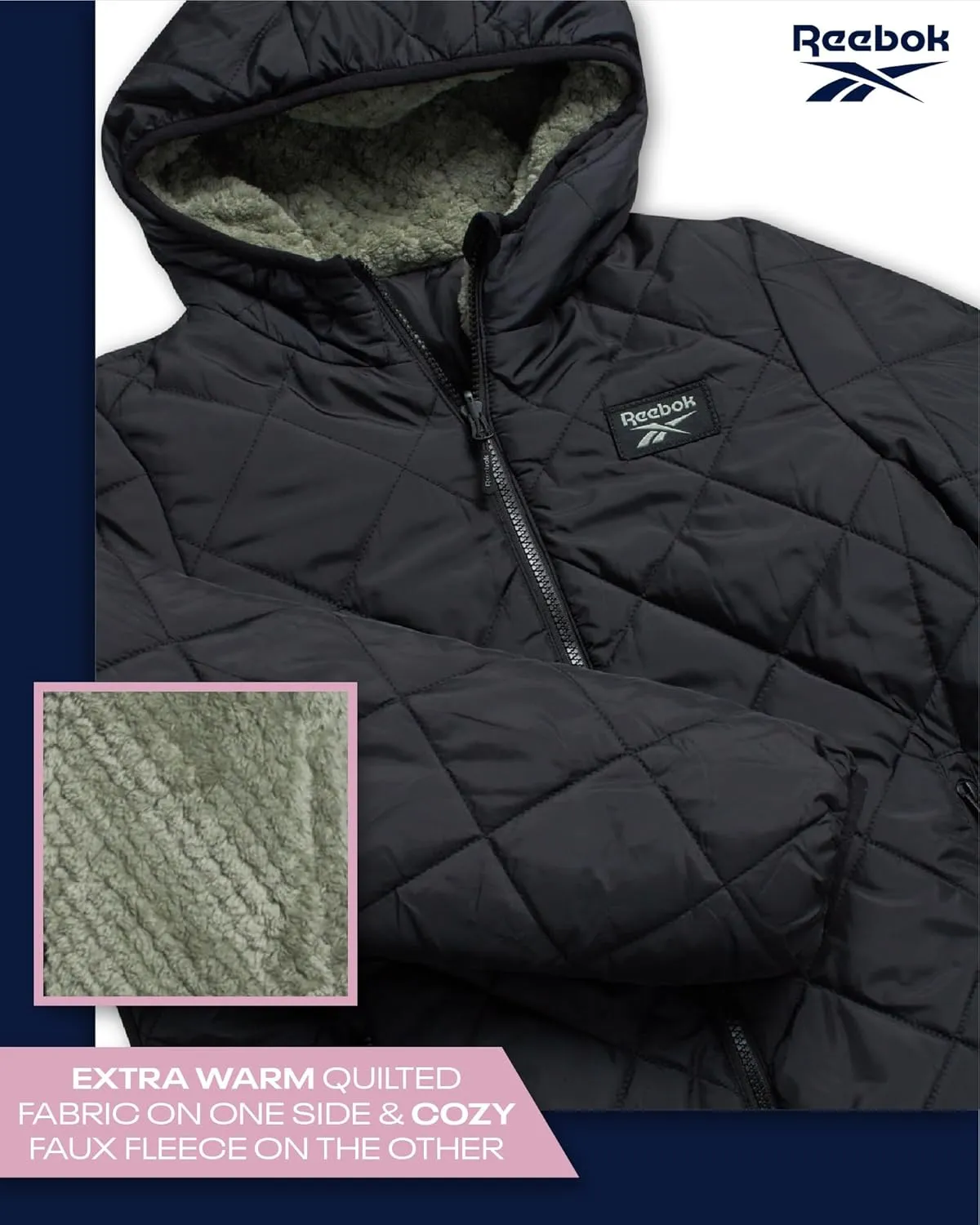 Reebok Women's Puffer Jacket - Quilted Puffer Reversible to Faux Fleece Jacket - Insulated Winter Jackets for Women (S-XL)