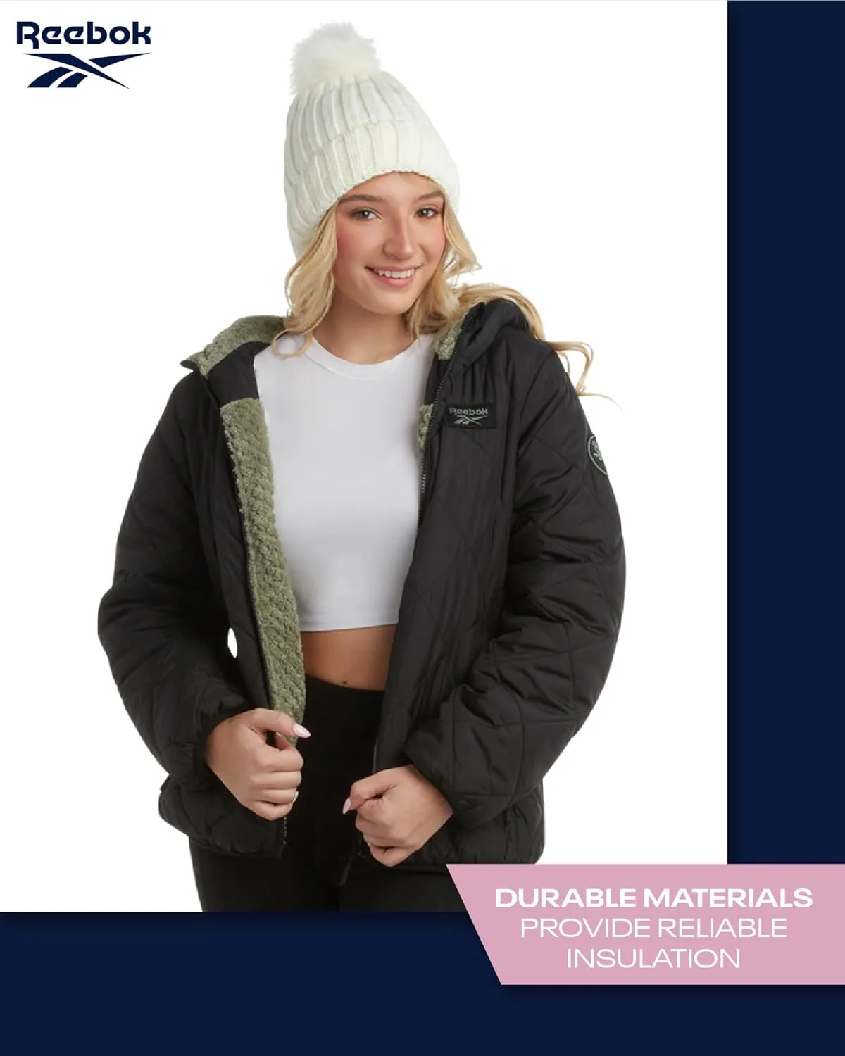 Reebok Women's Puffer Jacket - Quilted Puffer Reversible to Faux Fleece Jacket - Insulated Winter Jackets for Women (S-XL)