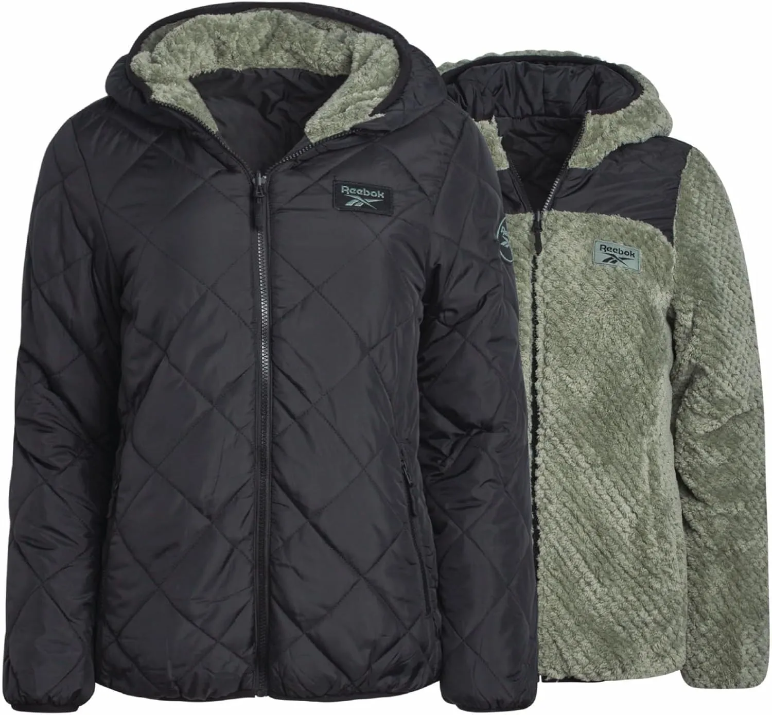 Reebok Women's Puffer Jacket - Quilted Puffer Reversible to Faux Fleece Jacket - Insulated Winter Jackets for Women (S-XL)