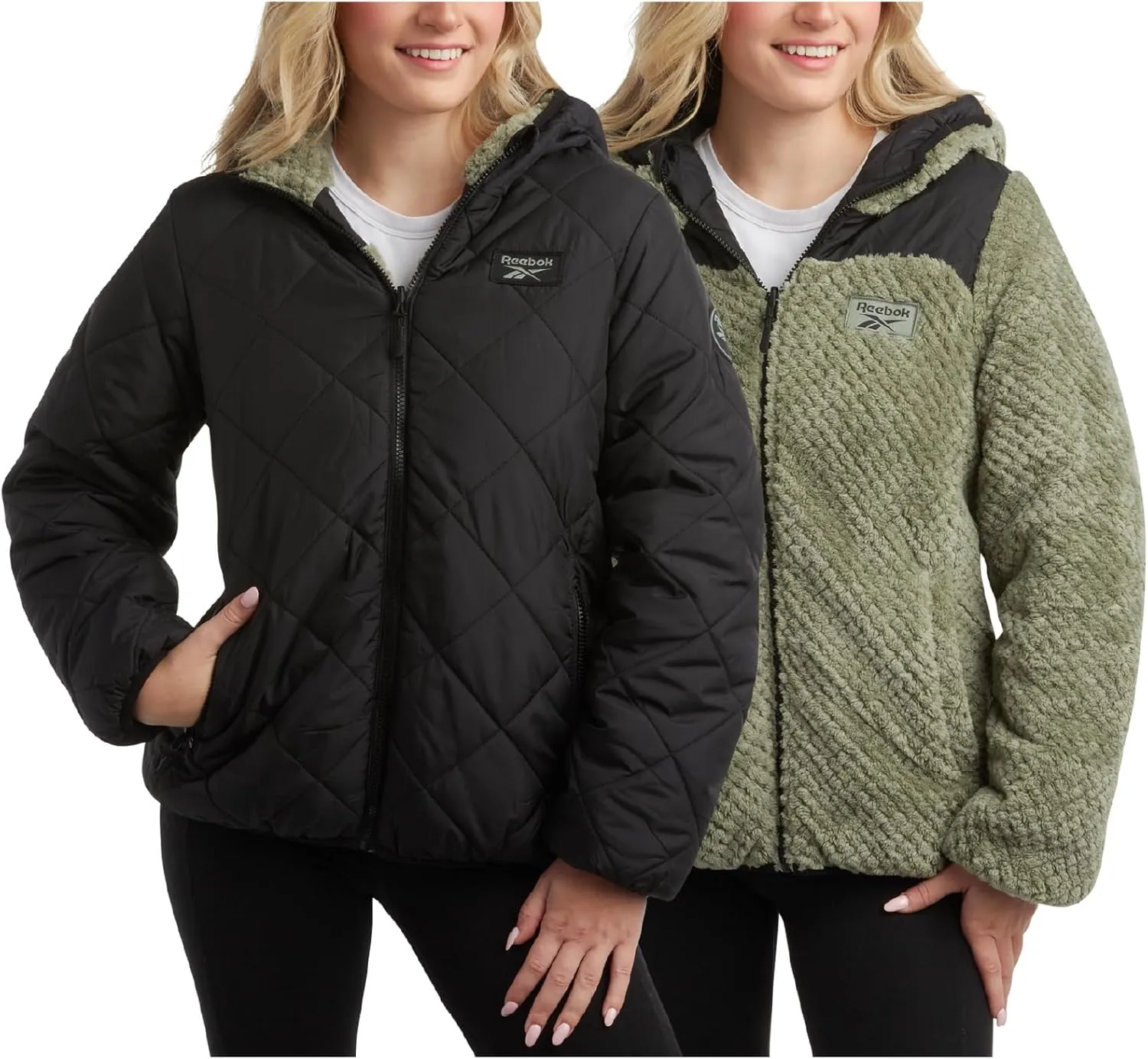 Reebok Women's Puffer Jacket - Quilted Puffer Reversible to Faux Fleece Jacket - Insulated Winter Jackets for Women (S-XL)