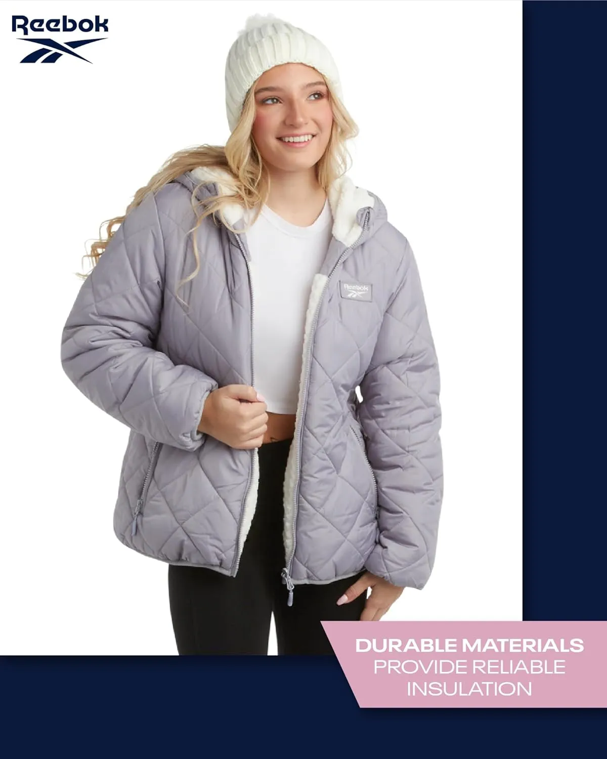 Reebok Women's Puffer Jacket - Quilted Puffer Reversible to Faux Fleece Jacket - Insulated Winter Jackets for Women (S-XL)