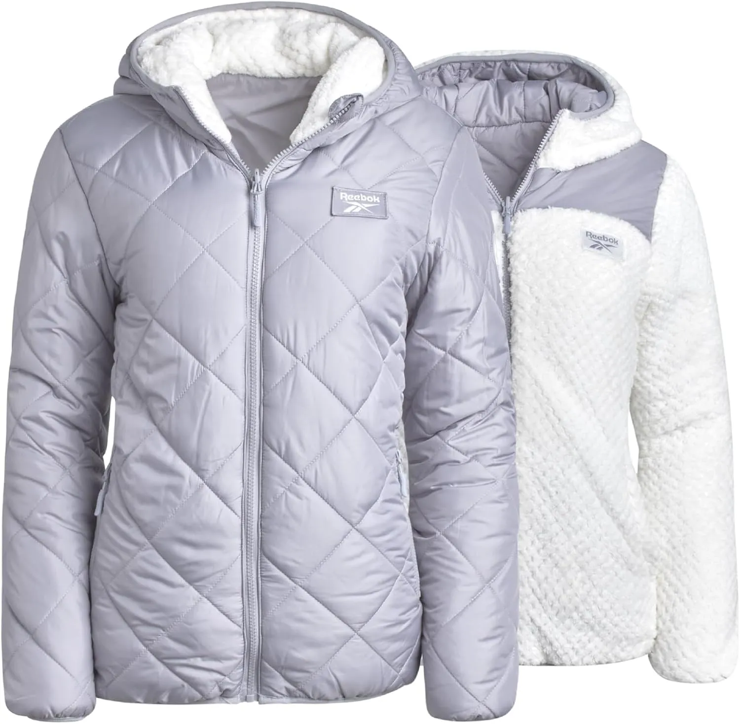 Reebok Women's Puffer Jacket - Quilted Puffer Reversible to Faux Fleece Jacket - Insulated Winter Jackets for Women (S-XL)