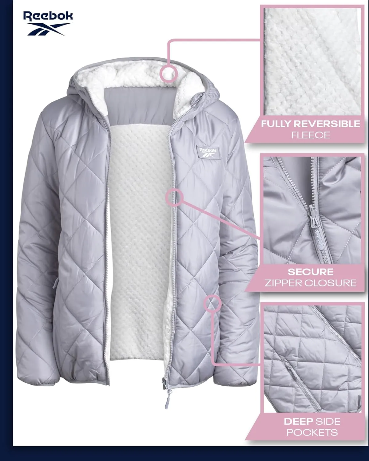Reebok Women's Puffer Jacket - Quilted Puffer Reversible to Faux Fleece Jacket - Insulated Winter Jackets for Women (S-XL)