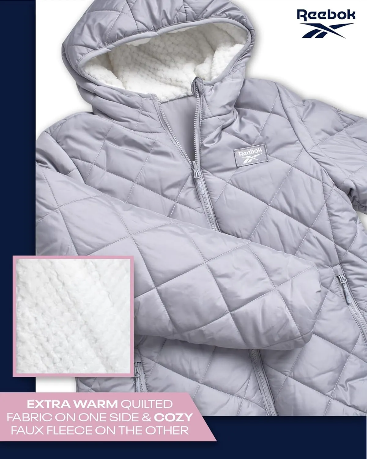 Reebok Women's Puffer Jacket - Quilted Puffer Reversible to Faux Fleece Jacket - Insulated Winter Jackets for Women (S-XL)