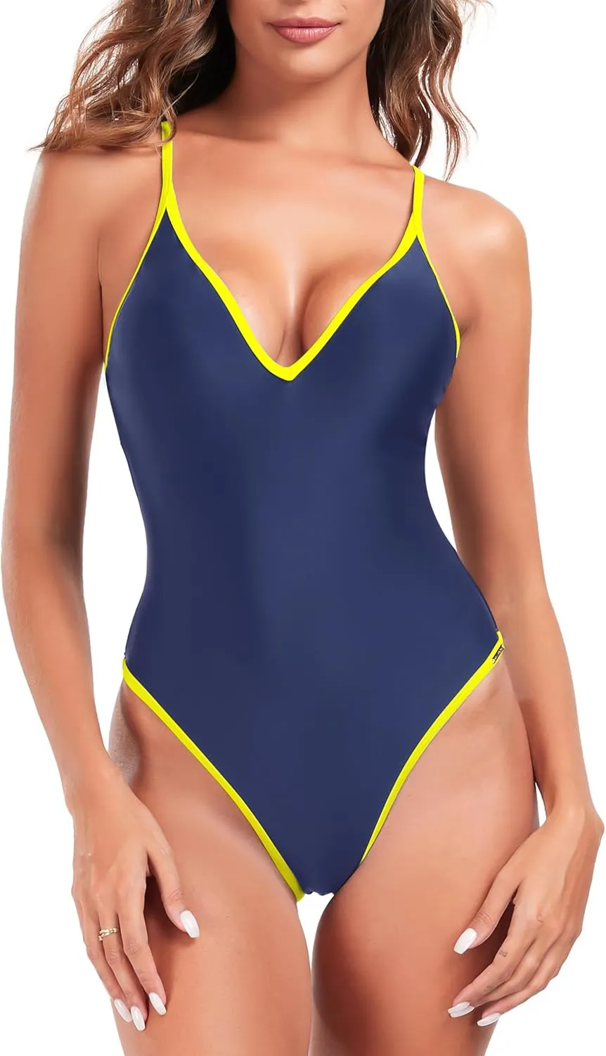 RELLECIGA Women's V Neck One Piece Swimsuit High Cut Bathing Suits