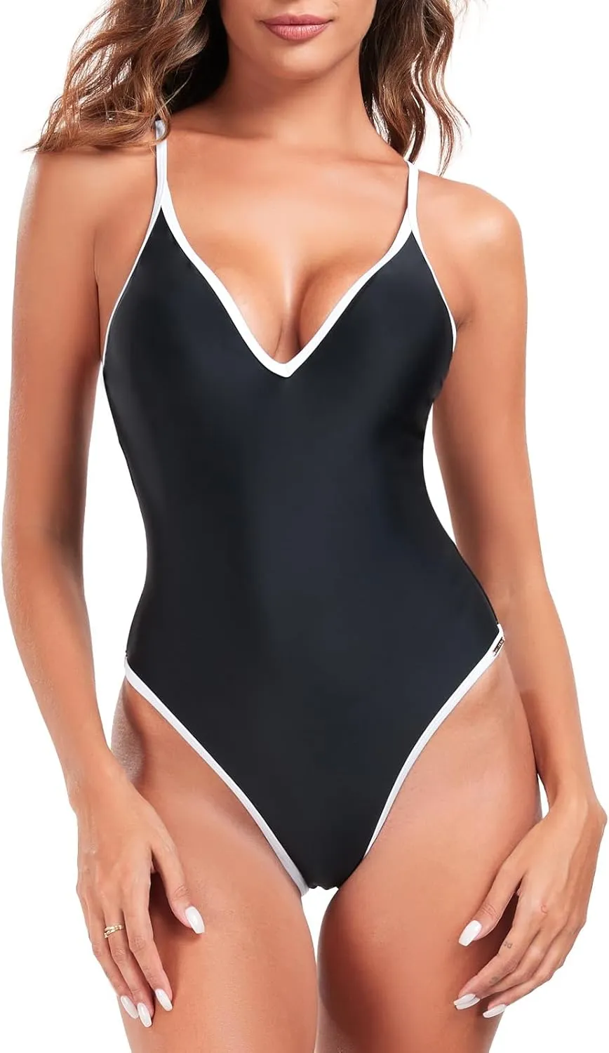 RELLECIGA Women's V Neck One Piece Swimsuit High Cut Bathing Suits