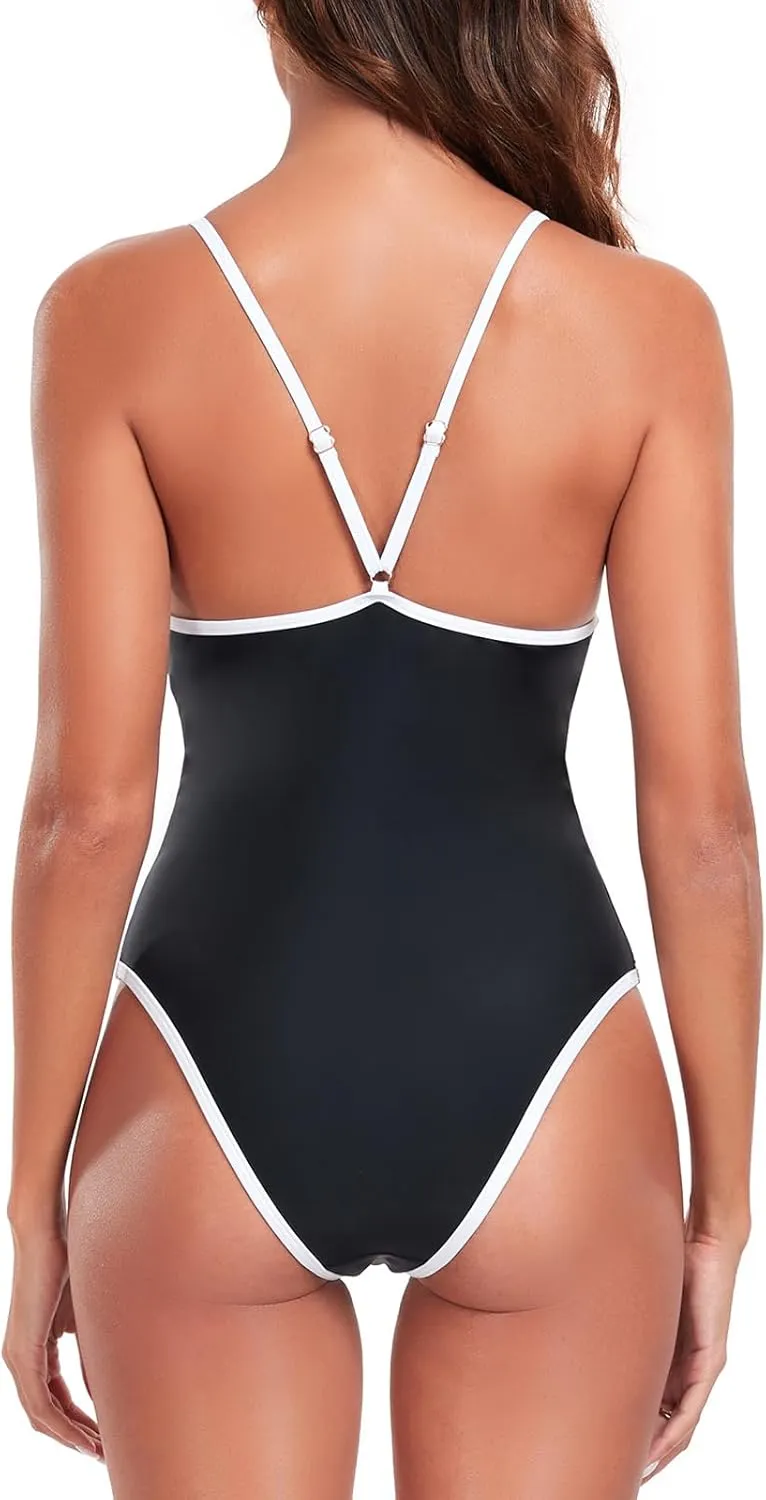 RELLECIGA Women's V Neck One Piece Swimsuit High Cut Bathing Suits