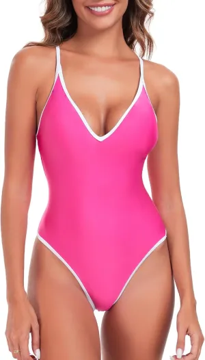 RELLECIGA Women's V Neck One Piece Swimsuit High Cut Bathing Suits