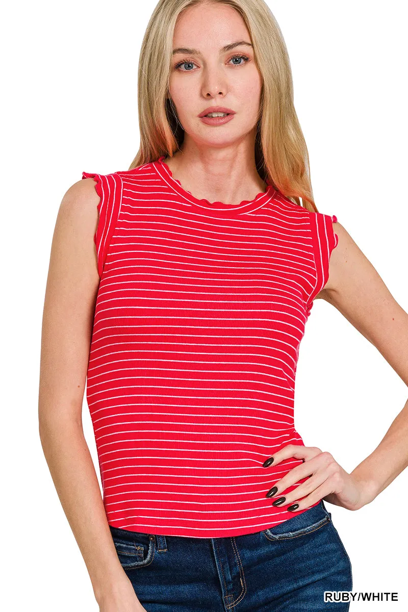 Ribbed Ruffle Sleeve Tank Top