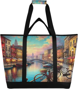 River Bridge Bike Tote Bag for Women with Zipper Reusable Grocery Bags Foldable Insulated Cooler Bag Shopping Bags Handbags Totes for Groceries Beach Picnic Travel Work