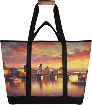River Bridge Romantic Tote Bag for Women with Zipper Reusable Grocery Bags Foldable Insulated Cooler Bag Handbags Shopping Bags Totes for Groceries Travel Beach Work Picnic