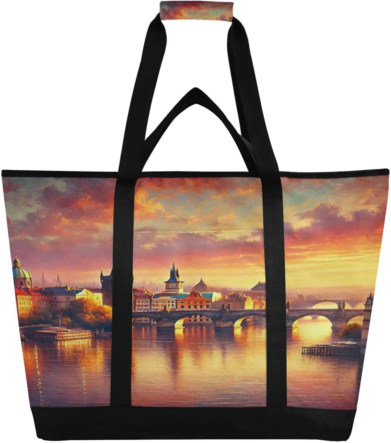 River Bridge Romantic Tote Bag for Women with Zipper Reusable Grocery Bags Foldable Insulated Cooler Bag Handbags Shopping Bags Totes for Groceries Travel Beach Work Picnic