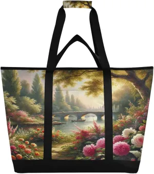 River Flower Romantic Tote Bag for Women with Zipper Reusable Grocery Bags Foldable Insulated Cooler Bag Totes Handbags Shopping Bags for Groceries Picnic Travel Beach Work