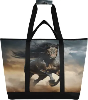 Running Wild Horse Tote Bag for Women with Zipper Reusable Grocery Bags Foldable Insulated Cooler Bag Totes Shopping Bags Handbags for Groceries Work Picnic Travel Beach