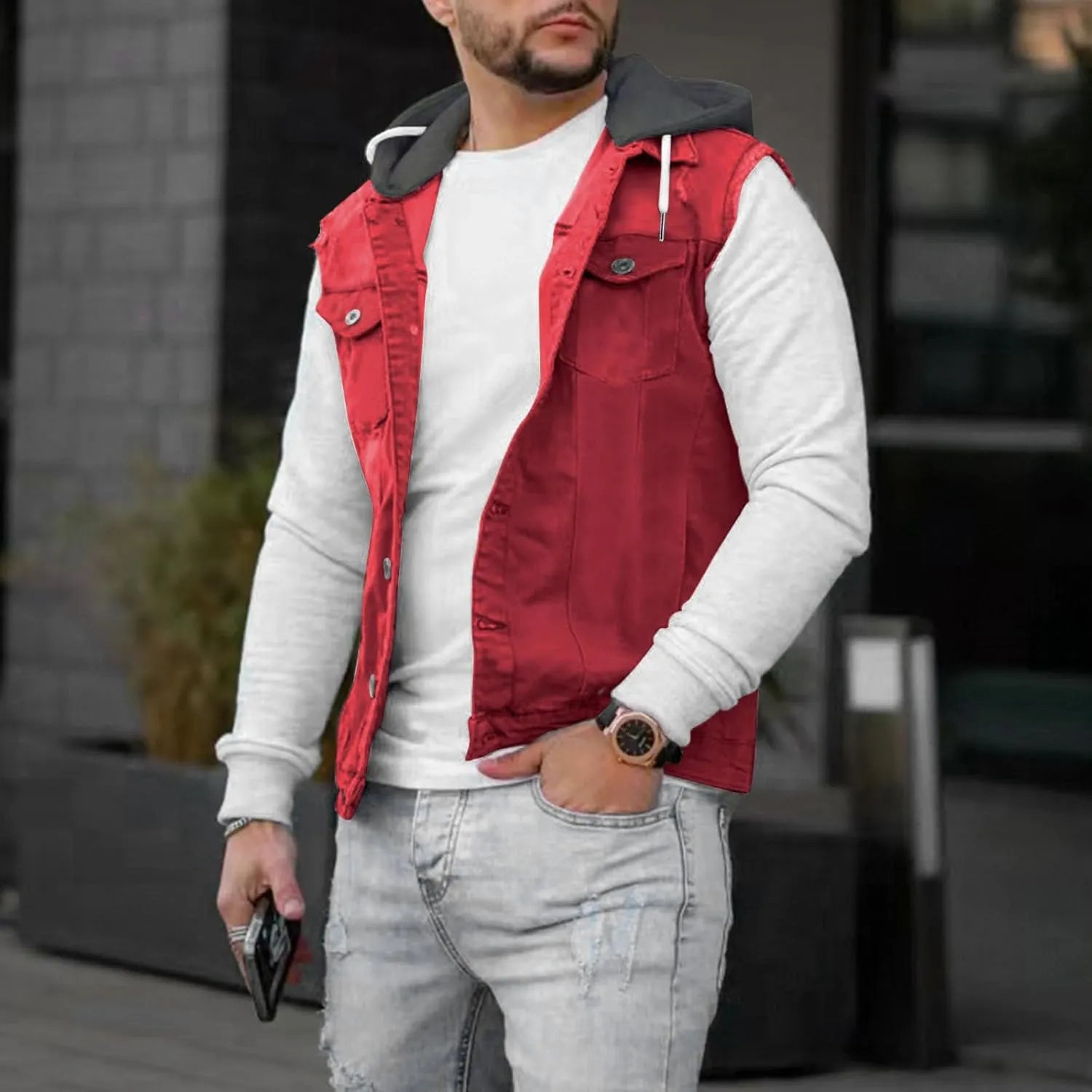 SAMST Hoodie Denim Vest Mens Jean Vest Lapel Sleeveless Slim Fit Denim Jacket Retro Ripped Casual Jean Vest for Men