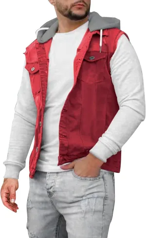 SAMST Hoodie Denim Vest Mens Jean Vest Lapel Sleeveless Slim Fit Denim Jacket Retro Ripped Casual Jean Vest for Men