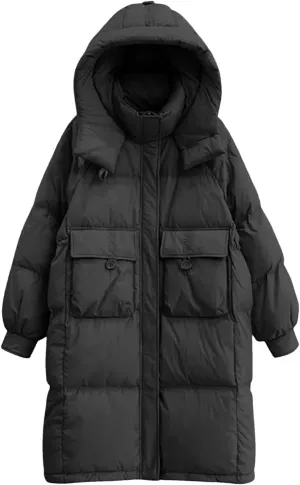 SaoBiiu Women Long Jacket Loose Waist Hooded Padded Warm Parkas Coat Knee Length Cotton Jackets