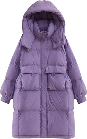 SaoBiiu Women Long Jacket Loose Waist Hooded Padded Warm Parkas Coat Knee Length Cotton Jackets