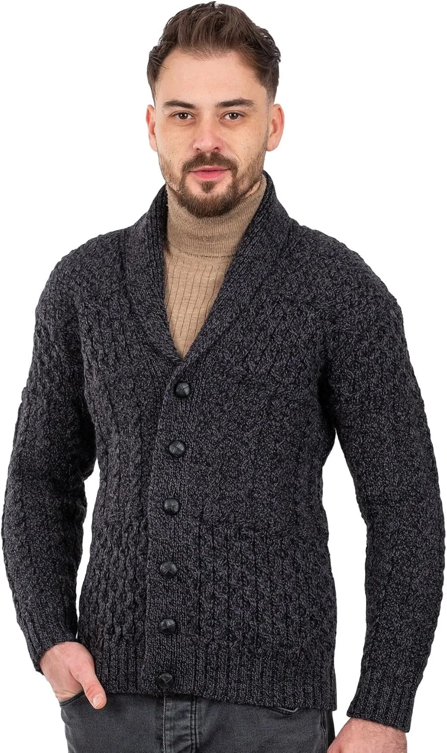 SAOL Men's Cardigan Merino Wool Knit Shawl Collar Casual Sweater with Buttons