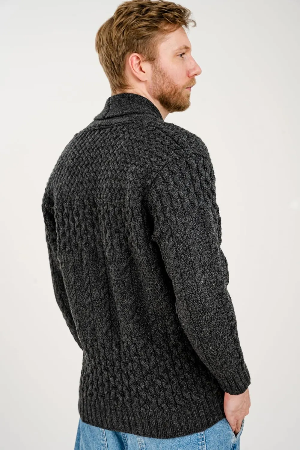 SAOL Men's Cardigan Merino Wool Knit Shawl Collar Casual Sweater with Buttons