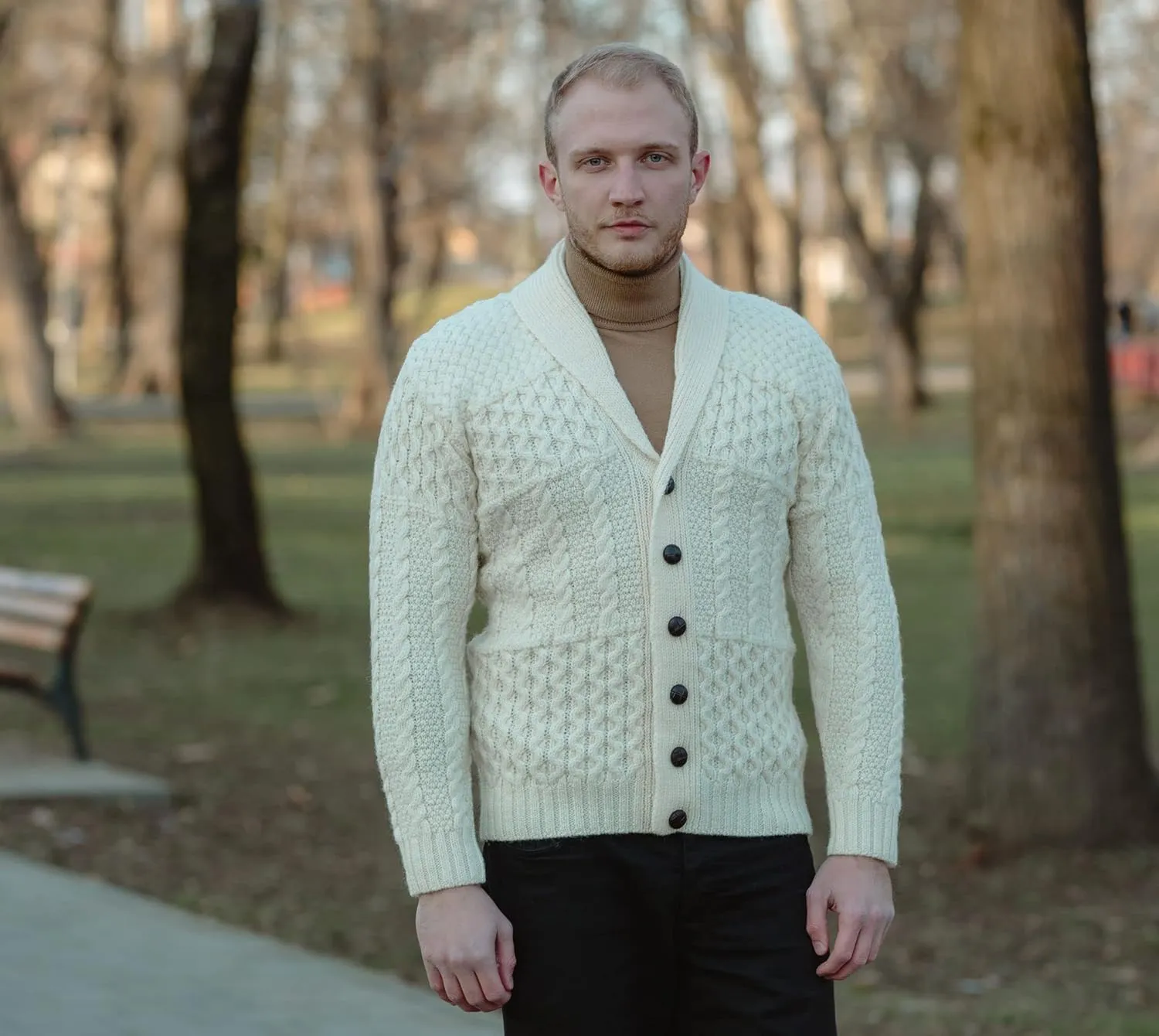 SAOL Men's Cardigan Merino Wool Knit Shawl Collar Casual Sweater with Buttons