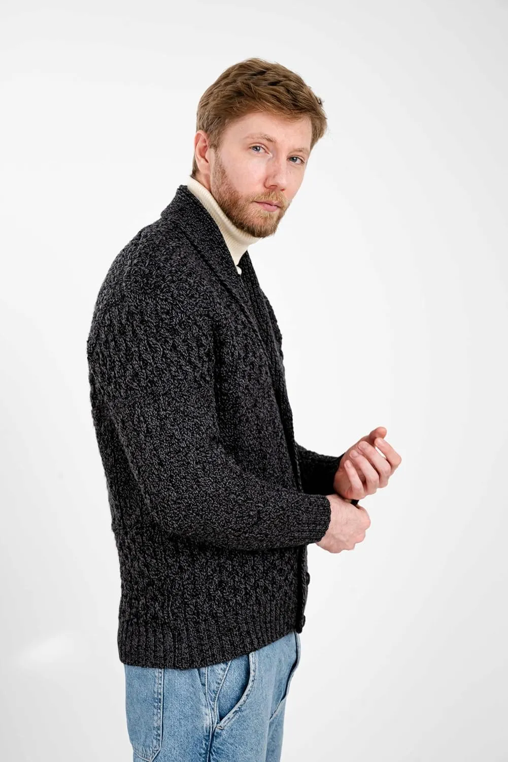 SAOL Men's Cardigan Merino Wool Knit Shawl Collar Casual Sweater with Buttons