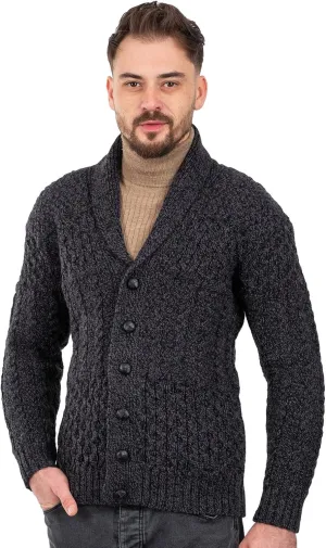 SAOL Men's Cardigan Merino Wool Knit Shawl Collar Casual Sweater with Buttons