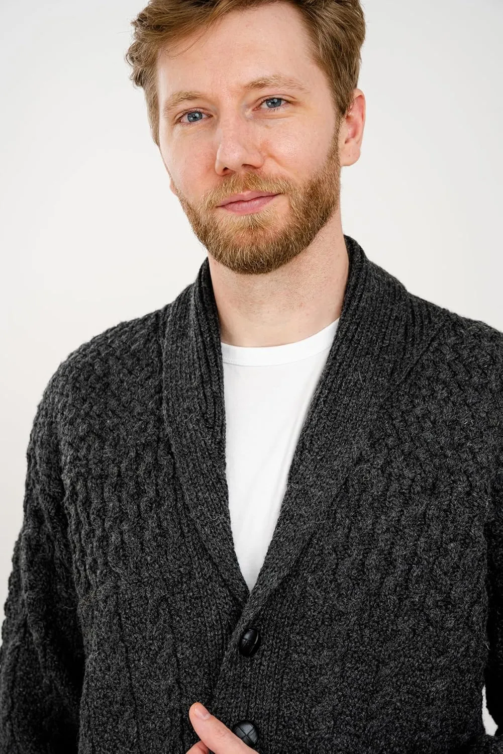 SAOL Men's Cardigan Merino Wool Knit Shawl Collar Casual Sweater with Buttons