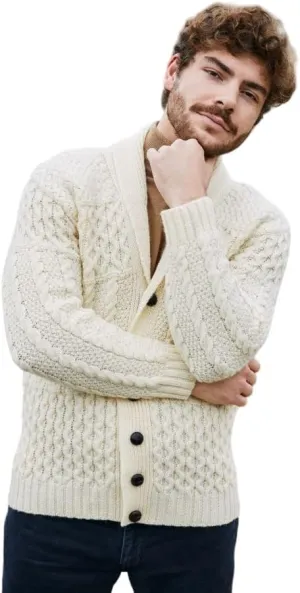 SAOL Men's Cardigan Merino Wool Knit Shawl Collar Casual Sweater with Buttons