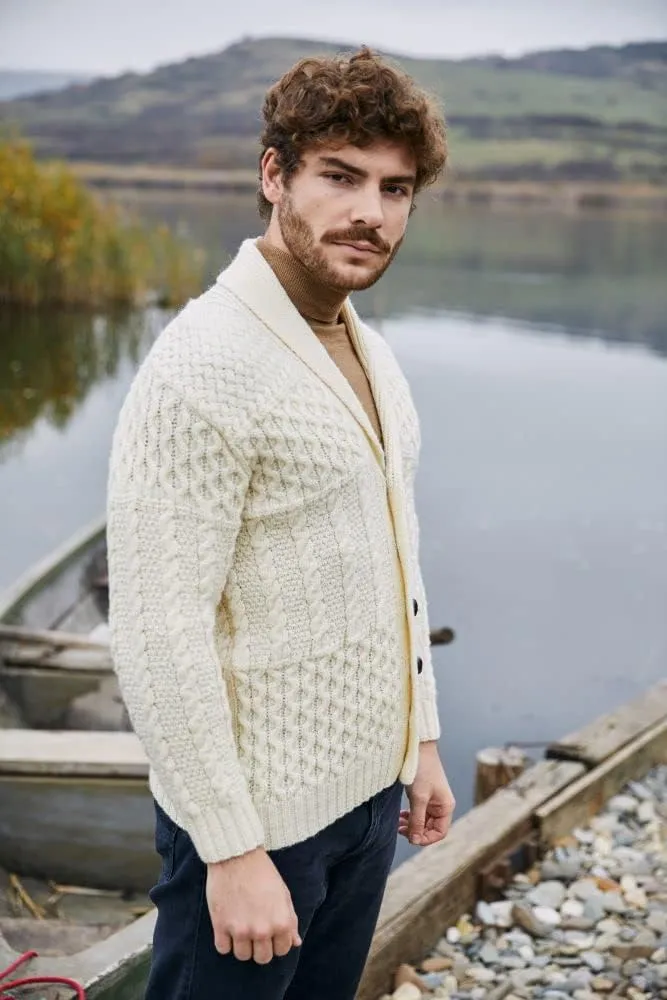 SAOL Men's Cardigan Merino Wool Knit Shawl Collar Casual Sweater with Buttons