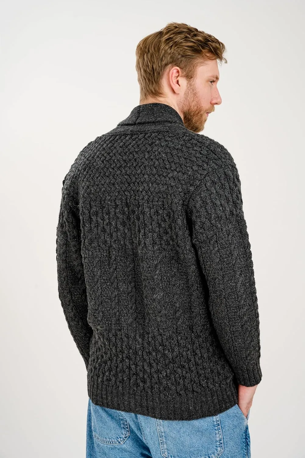 SAOL Men's Cardigan Merino Wool Knit Shawl Collar Casual Sweater with Buttons