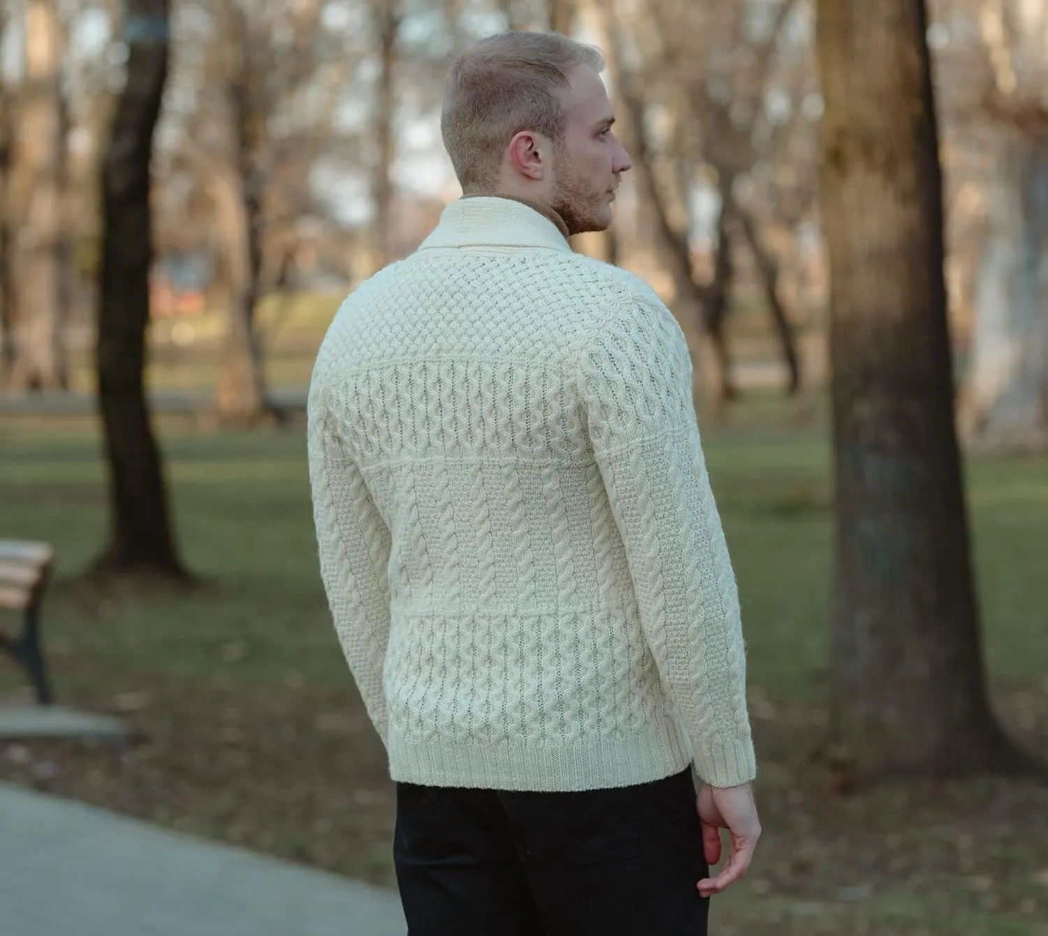 SAOL Men's Cardigan Merino Wool Knit Shawl Collar Casual Sweater with Buttons