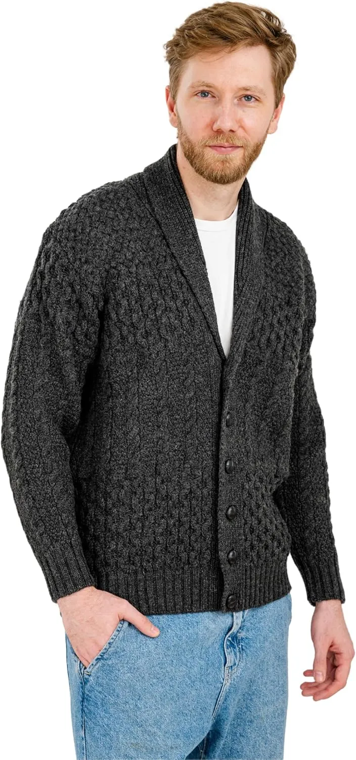 SAOL Men's Cardigan Merino Wool Knit Shawl Collar Casual Sweater with Buttons