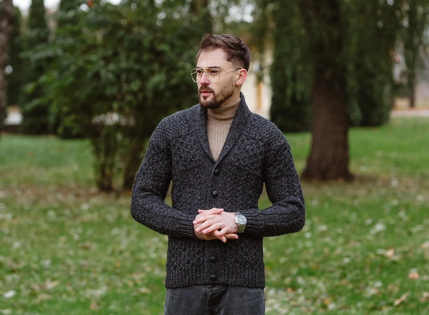 SAOL Men's Cardigan Merino Wool Knit Shawl Collar Casual Sweater with Buttons