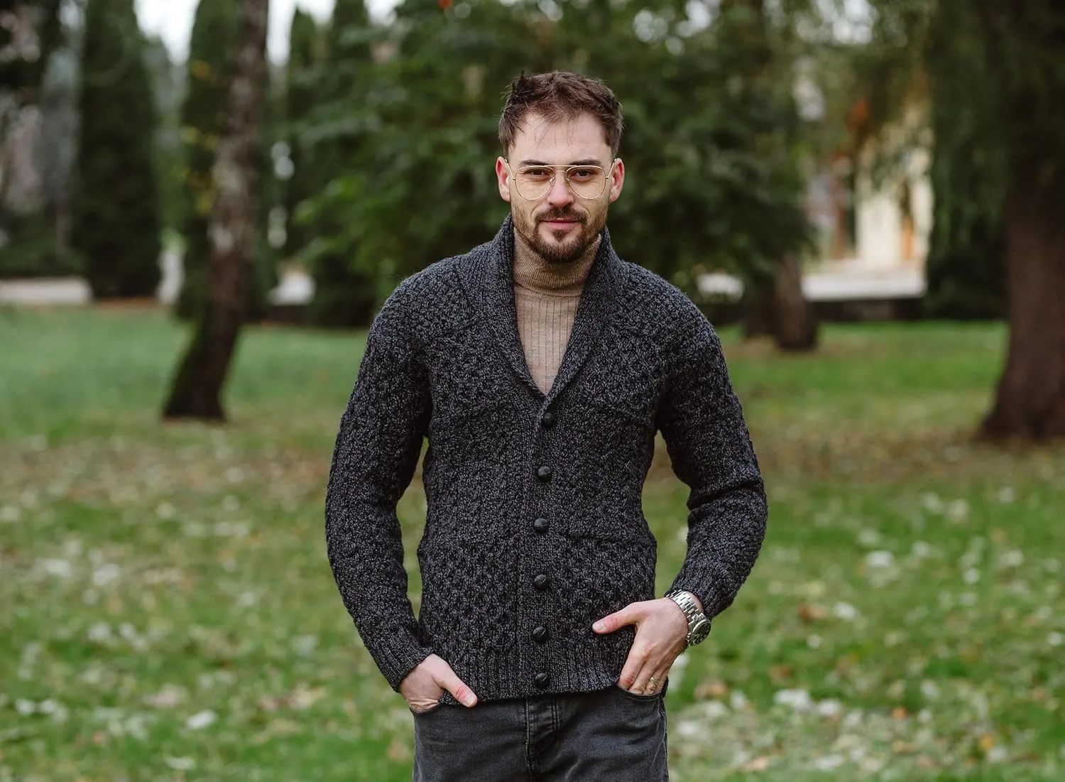 SAOL Men's Cardigan Merino Wool Knit Shawl Collar Casual Sweater with Buttons