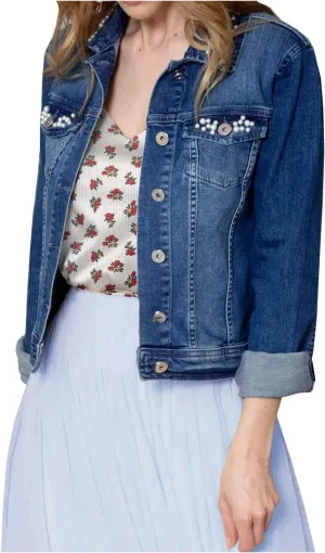 SCOFEEL Women Pearl Denim Jacket Embroidered Beading Cropped Denim Jacket Jean Coat