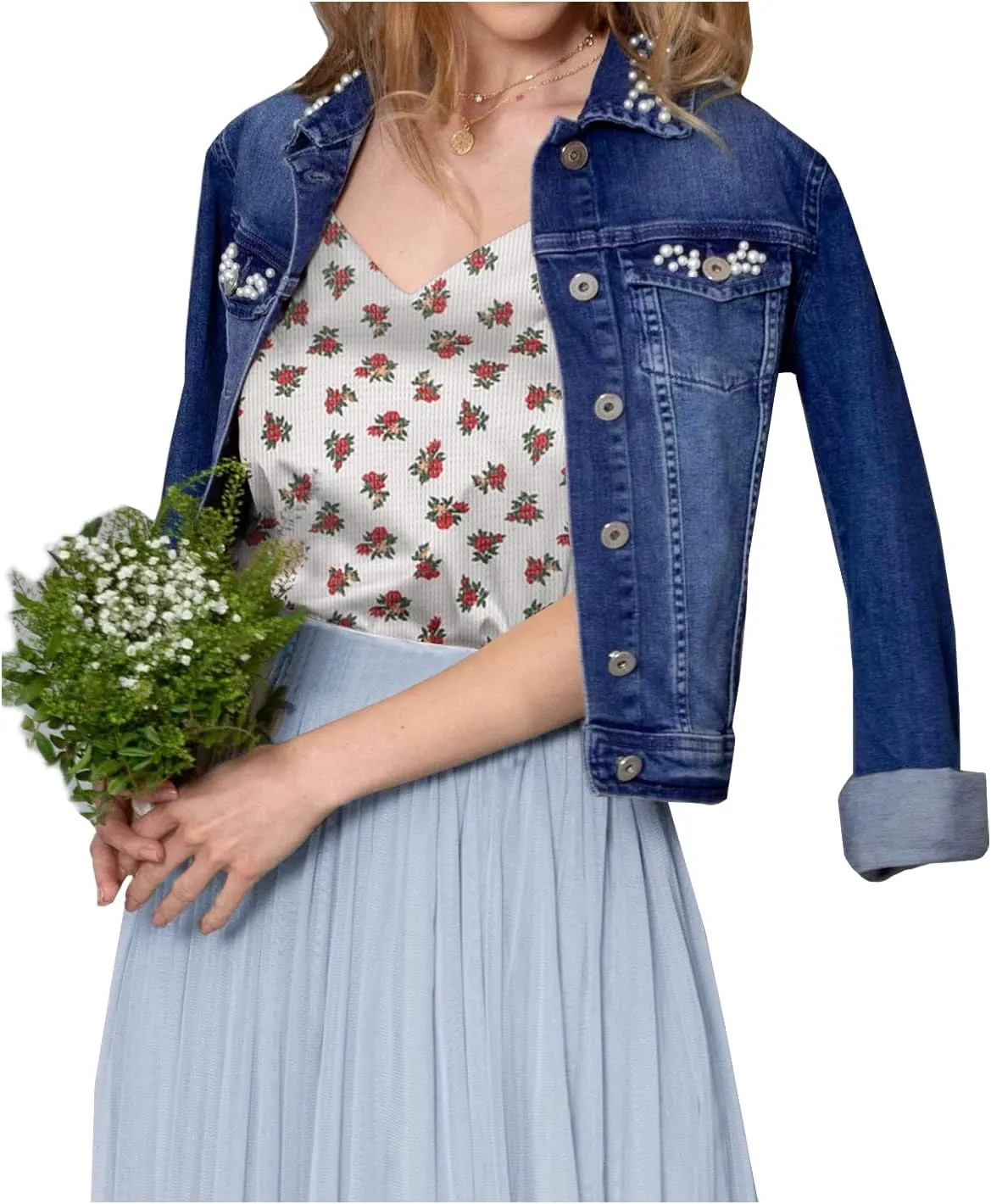 SCOFEEL Women Pearl Denim Jacket Embroidered Beading Cropped Denim Jacket Jean Coat