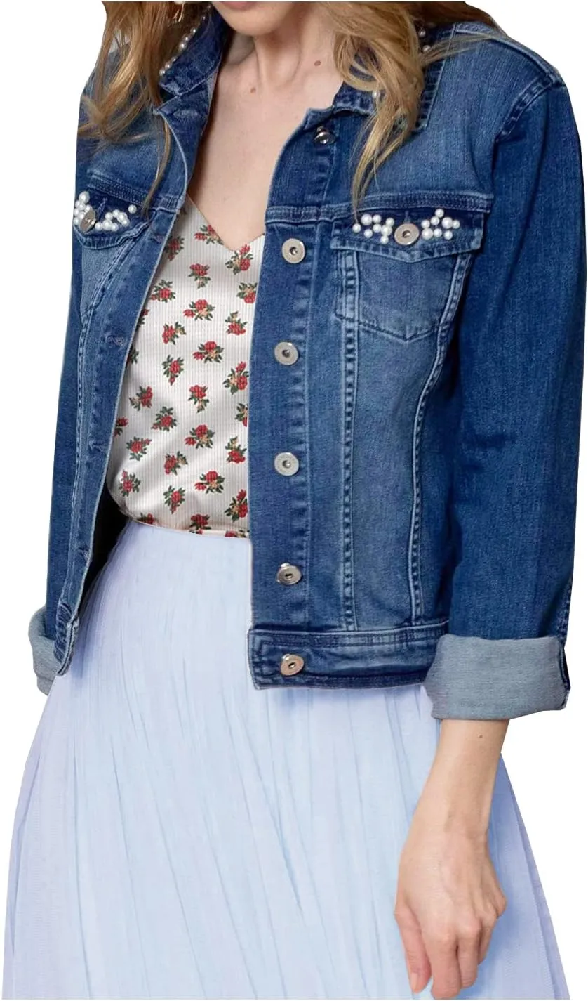 SCOFEEL Women Pearl Denim Jacket Embroidered Beading Cropped Denim Jacket Jean Coat
