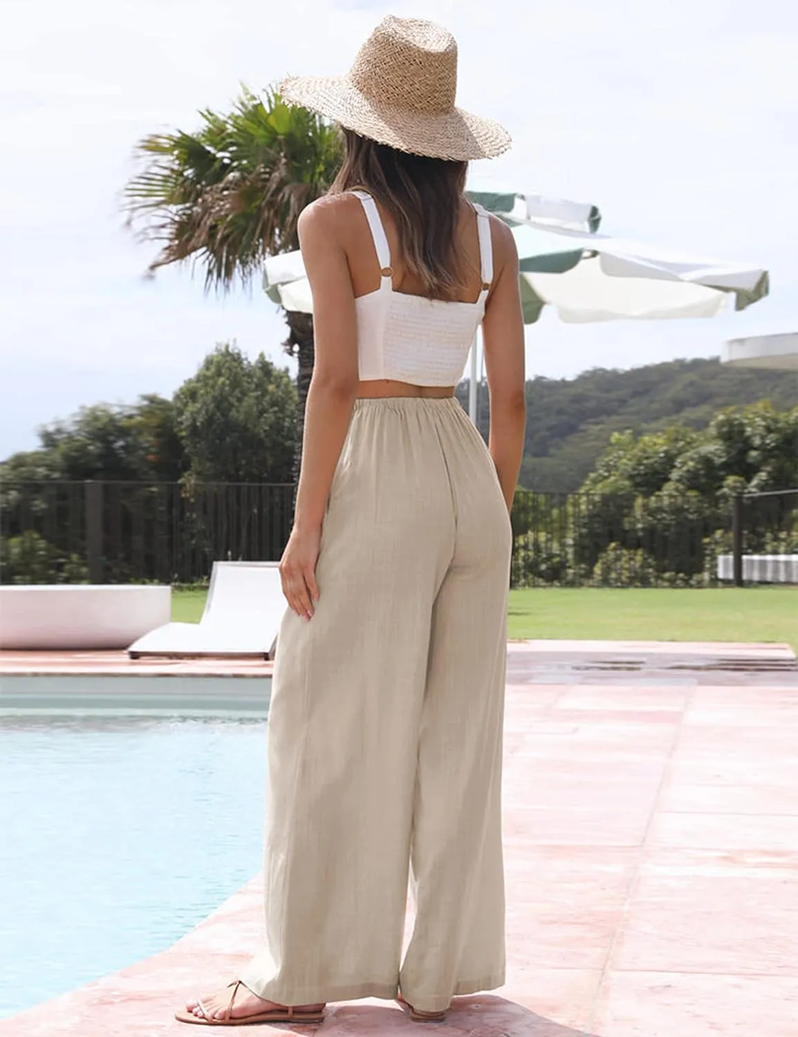 SCUSTY Women's Summer Cotton Linen Wide Leg Pants Drawstring High Waist Palazzo Flowy Beach Trousers with Pockets