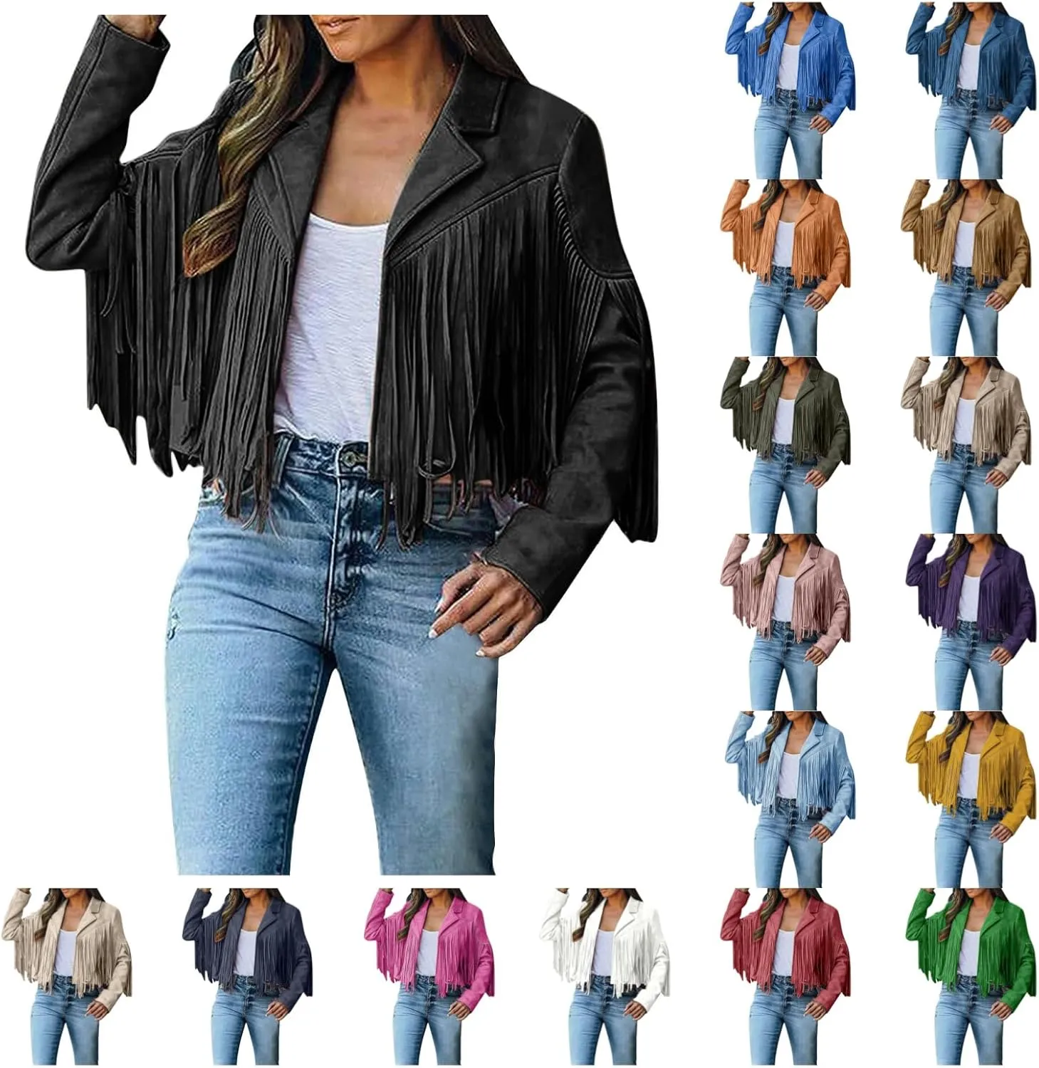 SEAOPEN Faux Suede Jacket for Women Fringe Leather Jacket Cropped Motocycle Biker Jackets Casual Lapel Tassel Jackets