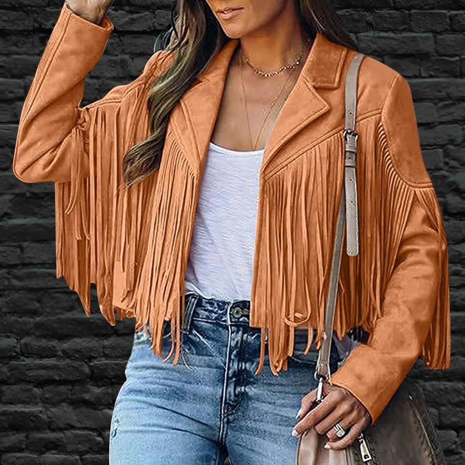 SEAOPEN Faux Suede Jacket for Women Fringe Leather Jacket Cropped Motocycle Biker Jackets Casual Lapel Tassel Jackets