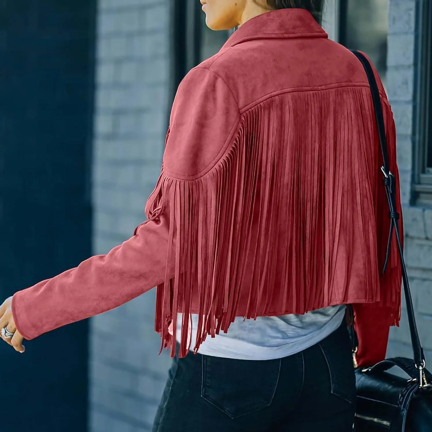 SEAOPEN Faux Suede Jacket for Women Fringe Leather Jacket Cropped Motocycle Biker Jackets Casual Lapel Tassel Jackets